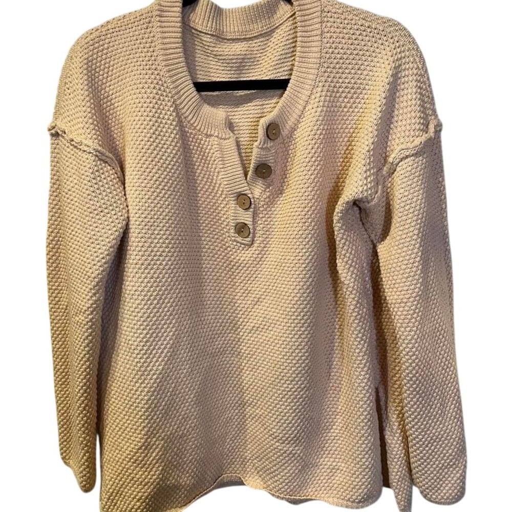 Cream Waffle Knit Henley Sweater Womens Large Beige Button Neck Cozy Long Sleeve